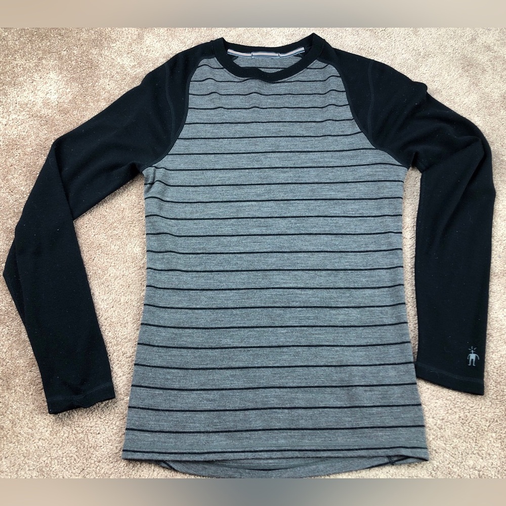 Smartwool Black & Gray Striped Base Layer Merino Wool Long Sleeve